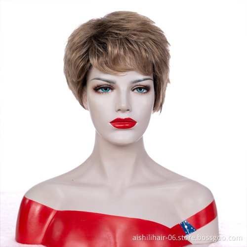 Cheap Wholesale Short Brown Wigs For Whight Women Fluffy Layered Synthetic Hair Wigs With Bangs 9 inches